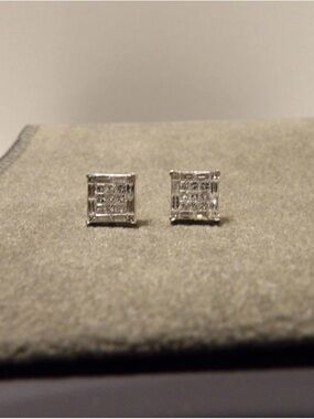 Square Halo Diamond Stud Earrings in Silver Tone